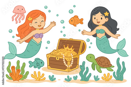 Underwater adventure with happy mermaids discovering treasure chest full of gold crown pearls playful ocean scene with cute sea animals coral and seaweed vector cartoon illustration