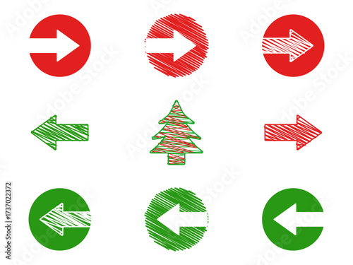 クリスマスカラーの矢印とツリーの手描き風アイコンセット