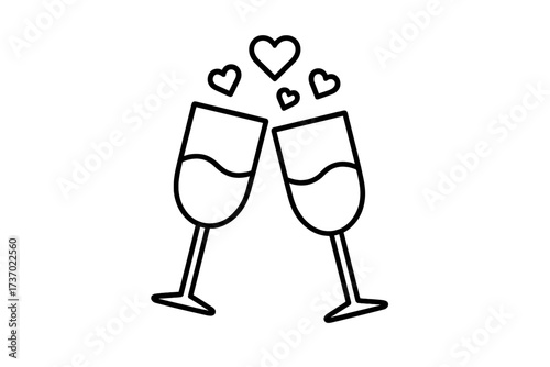 Toasting glasses with hearts vector line icon. Concept for love, romance, dating, wedding, anniversary. Champagne cheers on a romantic date celebration, Valentine's Day.