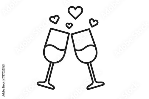 Two glasses toasting with floating hearts on a romantic date. Vector thin line icon for Valentine's day, love, romance, dating, wedding, honeymoon, anniversary, proposal.