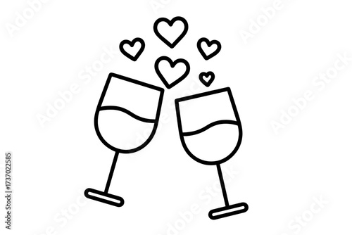 Toasting wine glasses with floating hearts line art icon. Vector illustration for love, romance, dating, wedding, honeymoon. Valentine's Day, anniversary celebration concept.