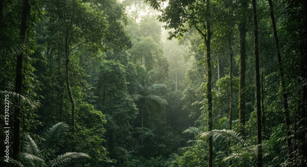 Obraz premium Lush rainforest canopy. Sunlight filters through dense foliage