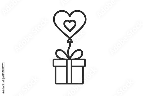 Love gift delivered by heart balloon icon. Thin line vector for valentine's day, romance, dating, weddings. Present box symbol of love, care, charity and donation.