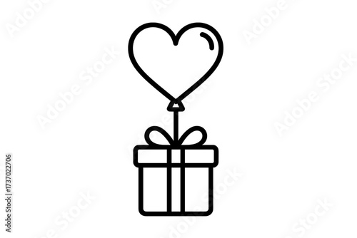 Love gift delivered by heart balloon icon. Vector line art for valentine's day, romance, dating, weddings. Charity donation symbol. Present surprise for special occasion.