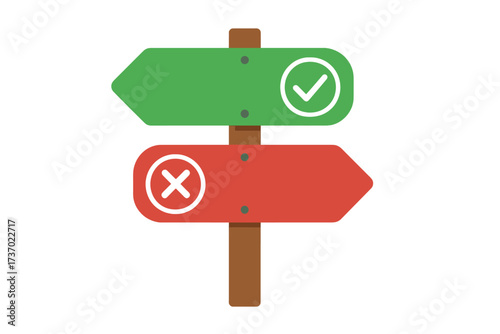 Do's and Don'ts concept. Wooden signpost with green and red arrows for right and wrong choice. Positive vs negative decision making. Pros and cons comparison vector.