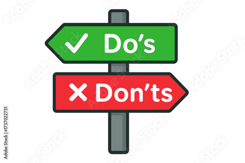 Do's and Don'ts signpost vector illustration. Concept of rules, guidelines, and choice. Right versus wrong, good vs bad, positive and negative comparison advice.