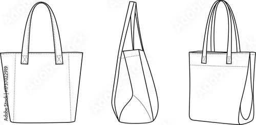 Flat vector tote bag illustration, front view, side view, angled view, sewing details, fashion accessory, eco shopping bag design