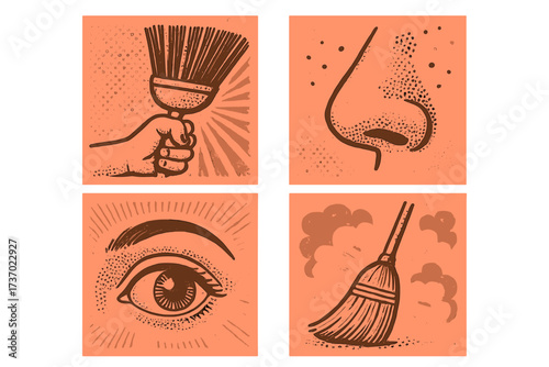 Spring cleaning vintage halftone collage set. Retro illustrations of broom sweeping dust, hand with brush, allergy nose and eye. Household chores and cleanliness concept banners.