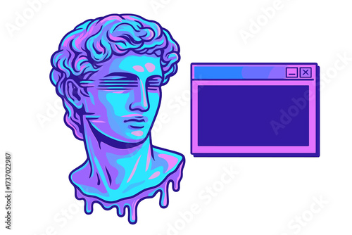 Vaporwave cyberpunk aesthetic. Distorted face of antique greek statue. Synthwave style poster. Vibrant holographic melting bust. Old PC pop-up window. Trendy retro wave art. Glitch.