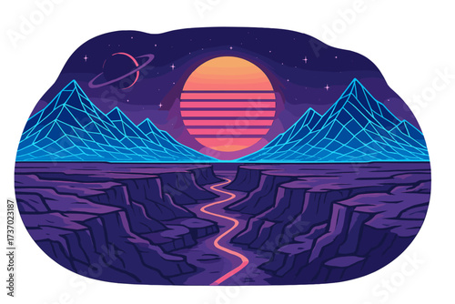 Synthwave retro 80s futuristic landscape with neon grid mountains and sunset. Sci-fi background with stars and planet. Cyberpunk canyon in outer space. Vector virtual world.