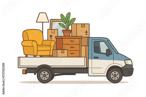 Relocation service concept. Moving truck full of furniture and cardboard boxes. We are moving to a new house. Van delivering household goods. Transport company for home moving.