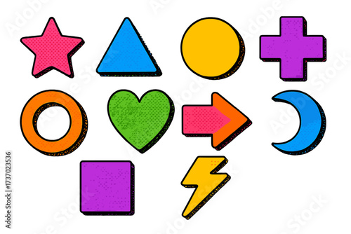 Y2k trendy textured geometric bold shapes set with halftone dotted texture. Retro 2000s style pop art cartoon icons. Vector illustration pack with star, heart, arrow and circle.