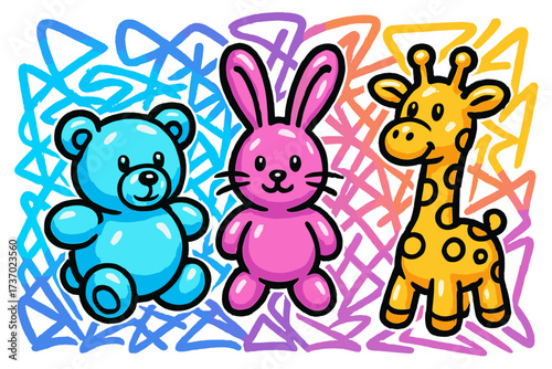 Y2k hand drawn bubble animals on graffiti background. Childish banner with bear, rabbit, giraffe balloons in trendy retro 2000s style. Cute cartoon vector illustration.