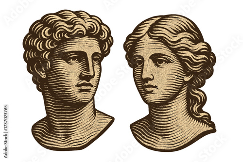 Ancient Greek god and goddess statue heads. Classical marble busts of man and woman in love. Vintage engraving, halftone wavy line art style for romantic Valentine's Day design.
