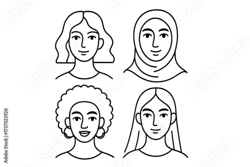 International Women's Day greeting card with diverse female portraits. Abstract line art of multicultural women. Concepts of feminism, empowerment, racial equality, and unity.