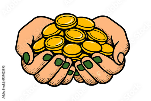 St. Patrick's Day banner with two hands holding golden coins. Pile of gold in human palms. Concept of wealth, luck, fortune, savings, success. Trendy y2k vector illustration.