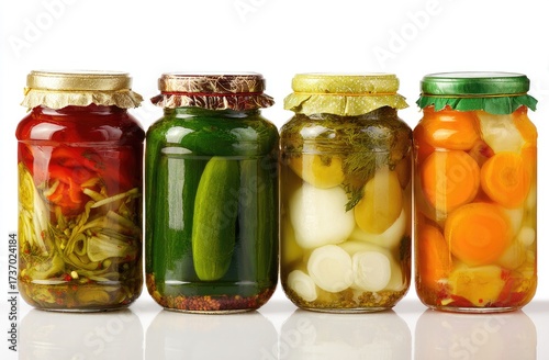 Four sealed glass jars with various pickled vegetables, brightly lit against white background