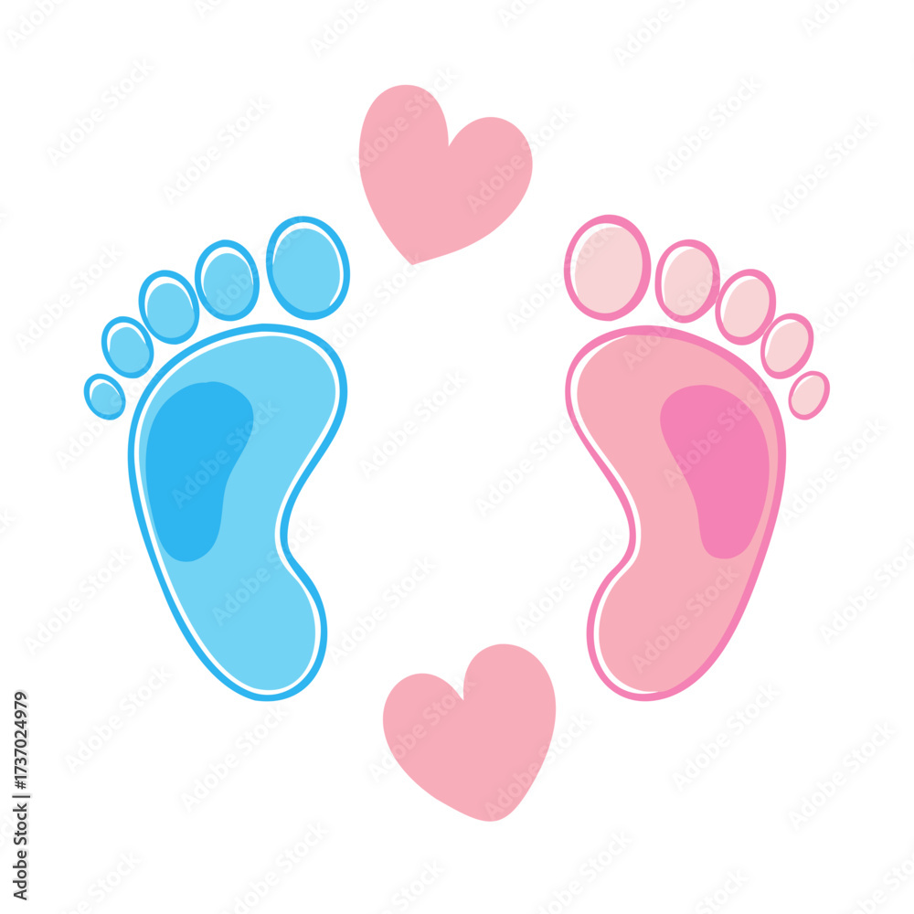 Obraz premium Vector illustration of pink and blue baby footprints with heart-shaped soles, ideal for gender reveal, baby shower designs, nursery decor, invitations, cards, and infant-related ... See More