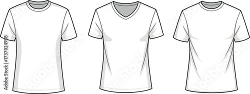Flat vector white t shirt mockup, crew neck style, v neck style, loose fit crew neck, fashion apparel template, clothing design
