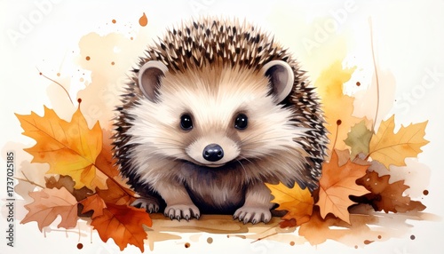 An adorable hedgehog is depicted in a watercolor painting surrounded by autumn leaves. Cute animal art fall season image nature drawing for home decor.