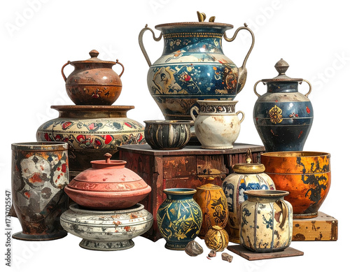 Antique pottery collection, various shapes and colors