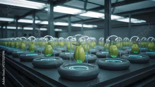 Futuristic biotech farm growing fruits inside transparent digital pods with advanced technology, modern agriculture innovation, smart farming and controlled environment food production
