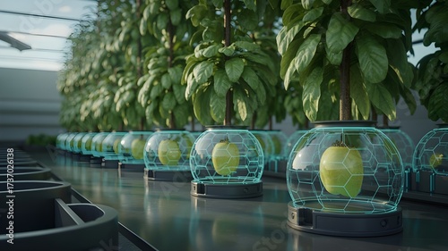 Futuristic biotech farm growing fruits inside transparent digital pods with advanced technology, modern agriculture innovation, smart farming and controlled environment food production