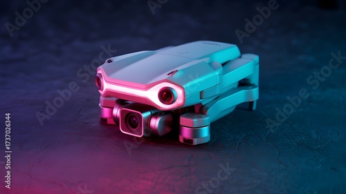 modern compact drone camera folded on futuristic neon illuminated surface innovative technology gadget aerial photography equipment quadcopter design advanced portable device