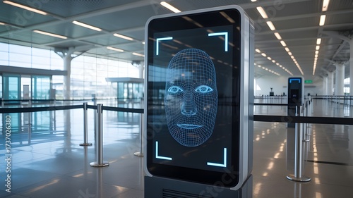 futuristic biometric face scan hologram system at airport security checkpoint advanced digital identification technology for passenger verification modern ai recognition concept