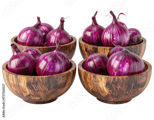 Wooden bowls filled with deep purple onions