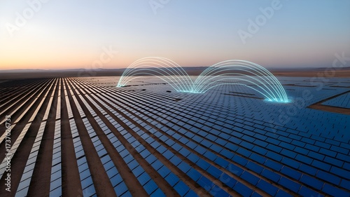 aerial view of futuristic desert solar panel field with glowing holographic energy flow sustainable renewable power technology clean electricity smart grid innovation
