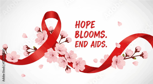 Vibrant red awareness ribbon gracefully flowing amidst delicate cherry blossoms, illustrating the powerful message "Hope Blooms. End AIDS." for health and social campaigns.