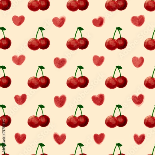 Handdraw Watercolor cherries fruit seamless pattern background love illustration berry