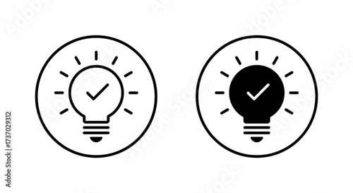 Light bulb with check mark icon. Approved idea, confirmed solution symbol in circular outline