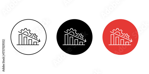 Business performance decline icon in black circle. Productivity drop and process efficiency loss symbol