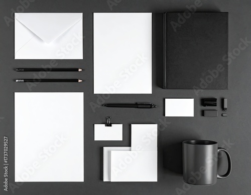 Stationery Mockup, flat lay, dark grey, white, minimalist