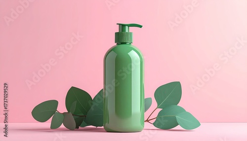 Green bottle & leaves against pink backdrop, simple