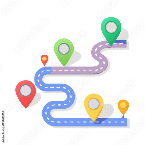 Winding Road Journey Map with Colorful Location Markers in Flat Design, Illustrative Travel Concept