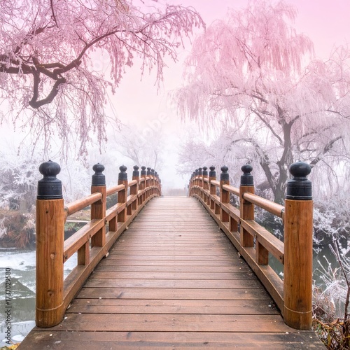 Bridge leading through frosted trees, pink sky above
