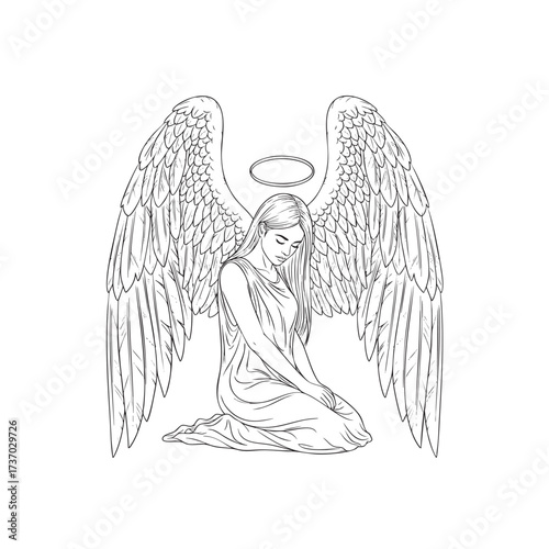 A beautiful handdrawn line art illustration of a kneeling female angel with large feathered wings and a halo.
