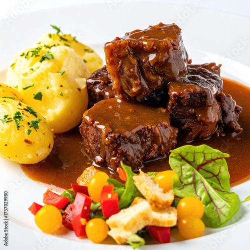 Beef cubes with sauce, potatoes, and salad on white plate