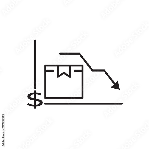Minimalist line icon of a package with a dollar sign and downward arrow, symbolizing shipping loss. Ideal for illustrating delivery setbacks, freight decline, economic downturn, and profit reduction.