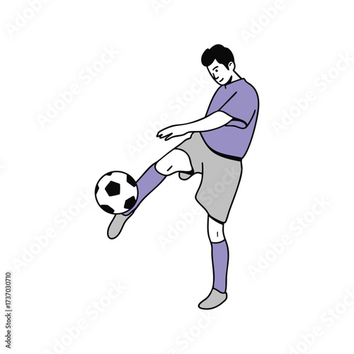 A person in athletic attire is shown in a dynamic pose, skillfully balancing a soccer ball on their foot.