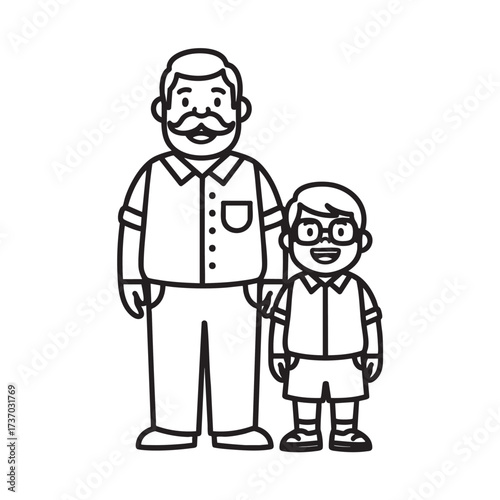 A heartwarming black and white line art illustration of a smiling father with a mustache and his young son wearing glasses.