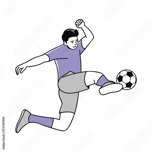 An illustration of a male soccer player in a purple shirt and grey shorts, kicking a soccer ball in mid-air.