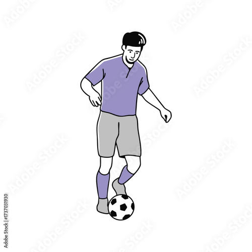A man in a purple shirt and gray shorts dribbles a soccer ball on a white background.