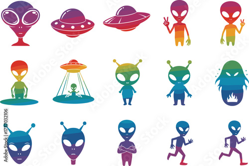Rainbow Alien Silhouettes Vector Set - Colorful Extraterrestrial Design