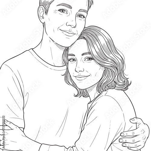 A loving young couple embracing in a detailed black and white line art illustration.