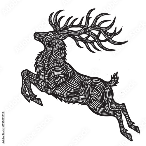 A majestic leaping stag with large antlers depicted in a black and white woodcut illustration style.