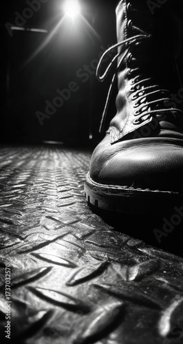 Black and white image of a combat boot on a diamond-plate surface, lit by a spotlight